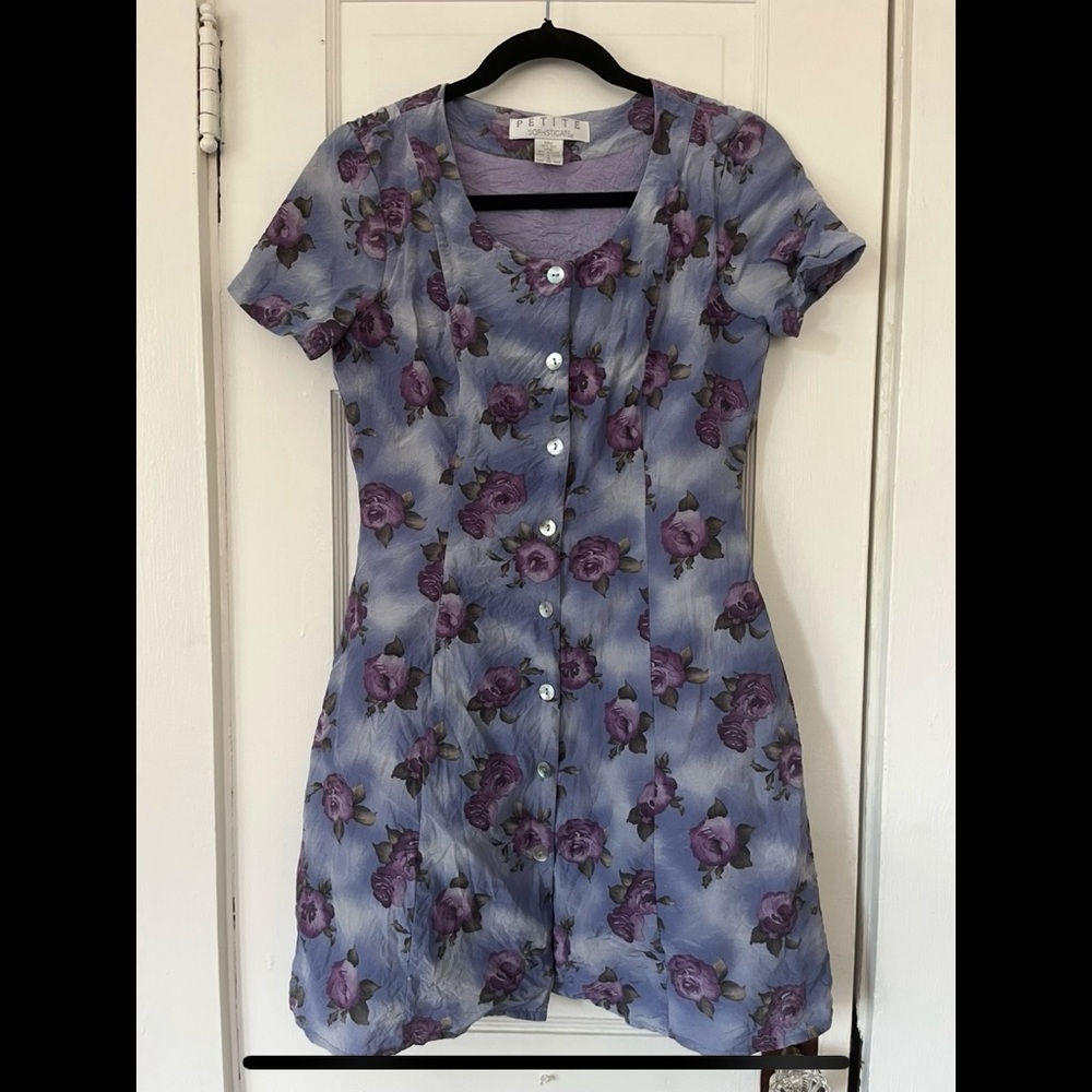 Vintage Blue and Purple Scoop Neck Silk Mini Sundress / Mother of Pearl Buttons